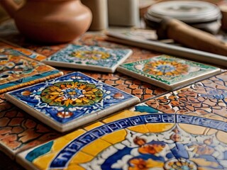 This ethnic folk ceramic tile with a beautiful floral ornament. Traditional decor of Portugal and Spain. Mediterranean porcelain pottery