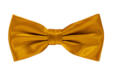 Top view of golden yellow satin bow tie, isolated on white background.