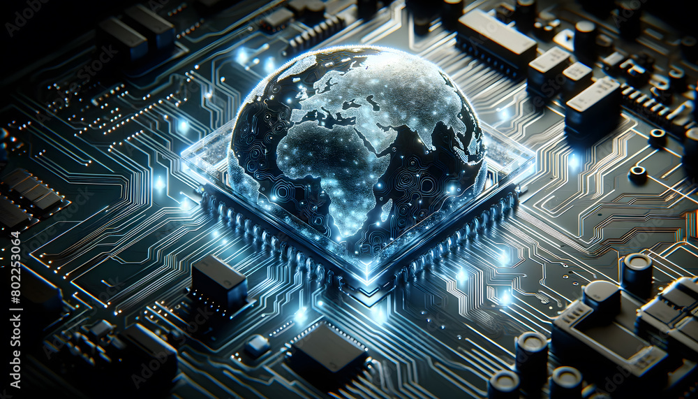 Poster a circuit board with an artistic representation of a world map, where the continents are highlighted