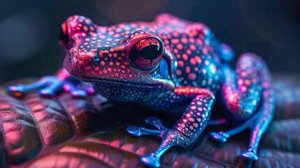 A vibrant and eye-catching photo of a blue and purple frog sitting on a leaf