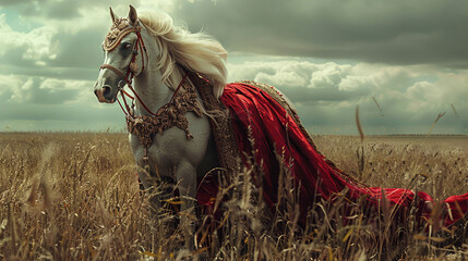 A regal horse styled in couture equestrian gear, embodying power and elegance, majestic landscape backdrop - obrazy, fototapety, plakaty