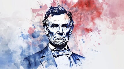 A watercolor portrait of Abraham Lincoln in red, white and blue colors on an isolated background.