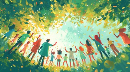 A group of diverse people stand in a lush green field and look up at the sky in wonder.