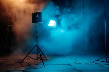 An industrial film set enveloped in atmospheric smoke, highlighted by intense studio lighting equipment