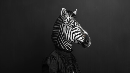A zebra in a graphic, monochrome dress, illustrating contrast and elegance, minimalist studio