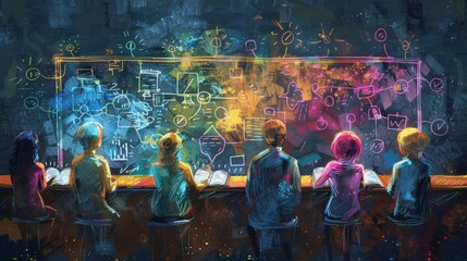 A group of diverse students sit in a classroom, looking at a blackboard covered in colorful equations and diagrams.