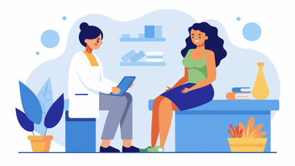 Fototapeta premium A woman being briefed by her physical the on how sauna therapy can help alleviate symptoms of fibromyalgia and other chronic pain conditions..