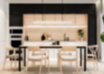 Blur background. Modern kitchen style, Cabinet built-in for background. product presentation display. 3D illustration 