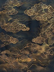 Gold Foil Print in Katsushika Hokusai Style, Intricate Cloud Patterns Resembling Rolling Waves