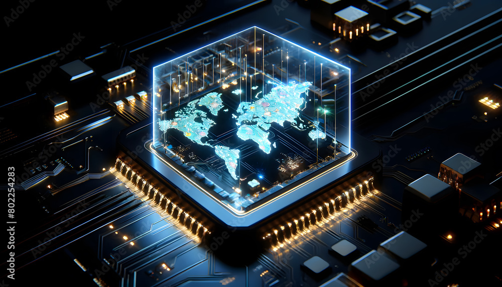 Poster a circuit board with an artistic representation of a world map, where the continents are highlighted