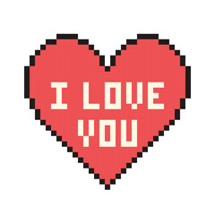 Pixel heart with text I love you in retro style. Vintage love symbol, 8 bit vector illustration for computer game.