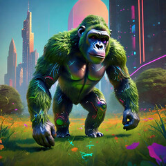 Futuristic green toned Gorilla walking on the green grass of the city near skyscrapers.  Illustration for t-shirt design, tech design or gaming.	