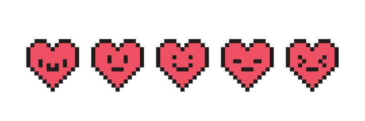 Pixel heart set with faces in retro style. Vintage love symbol, 8 bit vector illustration for computer game. Web button