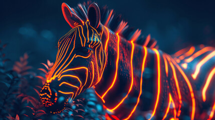 Behold the Zebra's Glowing Stripes, Witness the mesmerizing sight of a zebra's stripes glowing in the dark