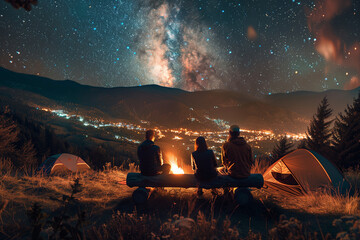 people around the campfire at night against the background of the starry sky
