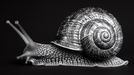 Black and white snail on a black background - obrazy, fototapety, plakaty