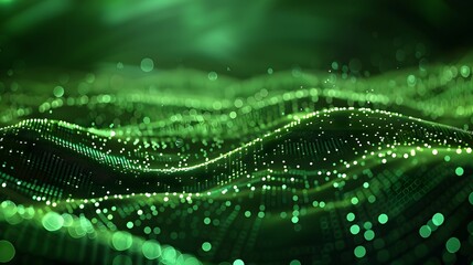 Abstract green particle background. Flow wave with dot landscape. Digital data structure. Future mesh or sound grid. Pattern point visualization. Technology vector illustration.