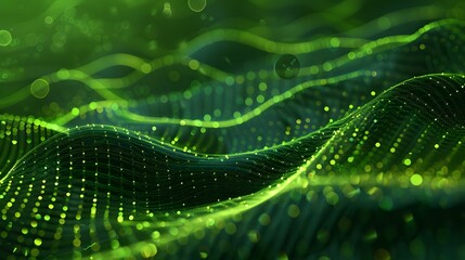 Abstract green particle background. Flow wave with dot landscape. Digital data structure. Future mesh or sound grid. Pattern point visualization. Technology vector illustration.