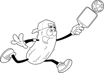 Outlined Funny Pickle Cartoon Character Playing Pickleball. Vector Hand Drawn Illustration Isolated On Transparent Background
