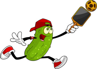Funny Pickle Cartoon Character Playing Pickleball. Vector Hand Drawn Illustration Isolated On Transparent Background