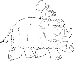 Outlined Angry Caveman Cartoon Character Running With Club. Vector Hand Drawn Illustration Isolated On Transparent Background