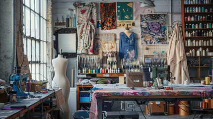 Interior of Designer Studio with Fabrics and Mannequins
