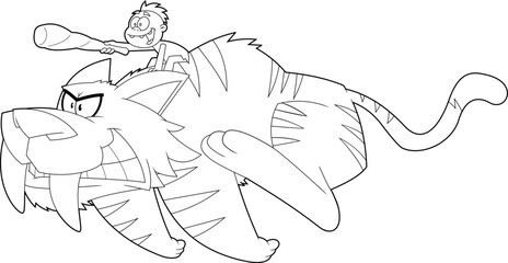 Outlined Happy Caveman Kid Ride Saber-Toothed Tiger Cartoon Characters. Vector Hand Drawn Illustration Isolated On Transparent Background