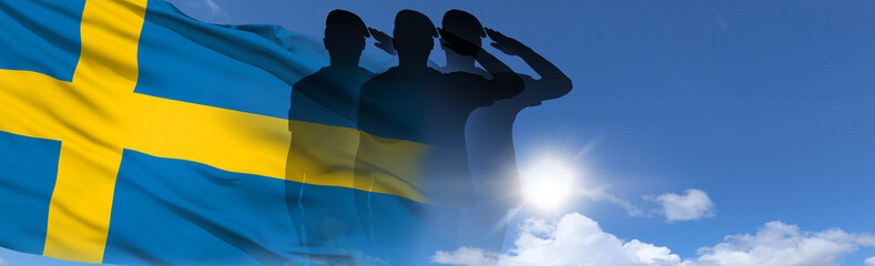 Silhouettes of soldiers with the Sweden flag on the sunset background. Concept of national holidays. Commemoration Day. 3d illustration.