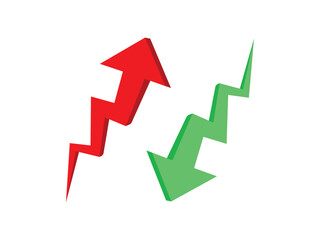 Graph going Up and Down sign with green and red arrows vector. Flat design vector illustration concept of sales bar chart symbol icon with arrow moving down and sales bar chart with arrow moving up.