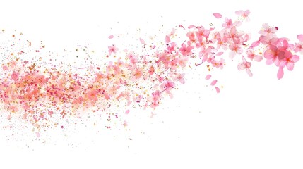 Fototapeta premium Cascading Delicate Blush Pink Cherry Blossom Petals Glittering Against Pure White Background with