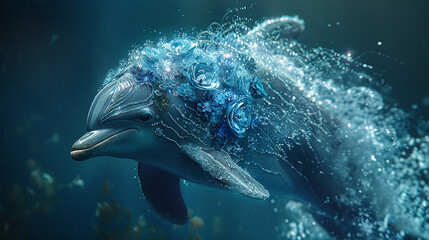 A dolphin adorned in shimmering accessories, embodying fluid elegance and beauty, underwater fashion scene