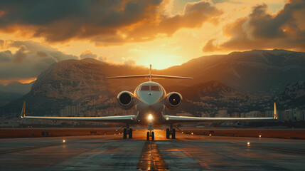 Luxury private jet ready for takeoff at stunning sunset