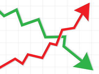 Graph going Up and Down sign with green and red arrows vector. Flat design vector illustration concept of sales bar chart symbol icon with arrow moving down and sales bar chart with arrow moving up.