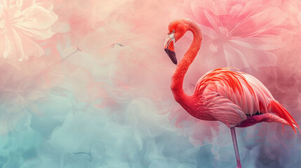 Pink flamingo stands on one leg in the middle of a body of water. The background is a light blue and pink