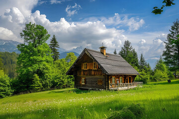 Obraz premium Charming wooden cabin at the scenic Alps foothills