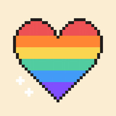 Vector Rainbow Pixel Heart illustration. LGBTQ community heart symbols and signs in retro 8-bit game style.