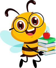 Cute School Bee Cartoon Character Flying With Notebooks And Apple. Vector Illustration Flat Design Isolated On Transparent Background