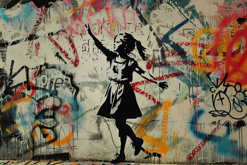 Colorful graffiti wall with silhouette of girl in urban setting