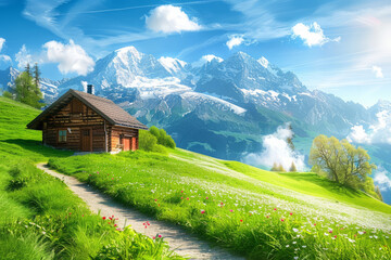Obraz premium Idyllic Alpine cabin on a sunny hillside with snow-capped mountains