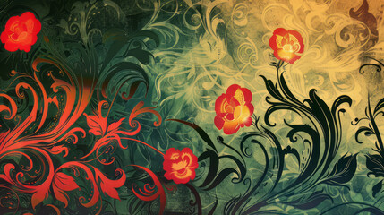 Elegant floral pattern with vibrant red flowers and swirls