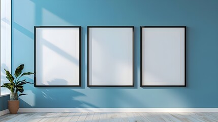 Three empty vertical black frame mockup design on a blue wall room, 3d render of grey interior with canvas on the wall 