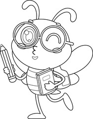 Outlined Cute School Bee Cartoon Character Going To School With Backpack And Pencil. Vector Hand Drawn Illustration Isolated On Transparent Background