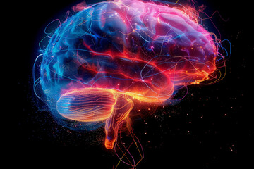 Obraz premium Colorful neon brain representation in vivid lights on dark background