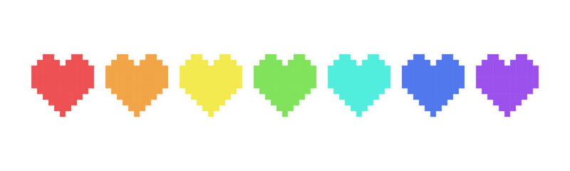 Pixel colorful love icon design. 8 bit heart. Arcade game symbol. Red, orange, yellow, green, blue and purple colors.