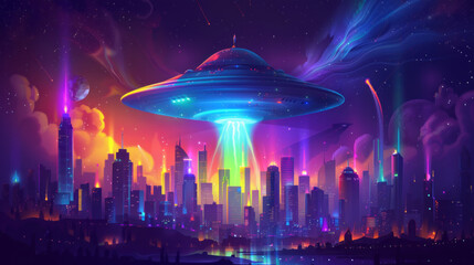 Colorful alien invasion over modern city skyline at night