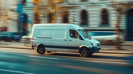 White modern delivery small shipment cargo courier van moving fast on motorway road to city