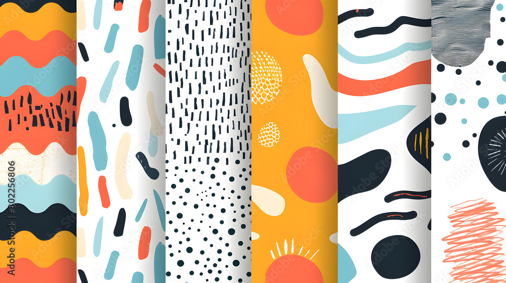 Poster abstract hand drawn geometric simple minimalistic seamless patterns set. polka dot, stripes, waves, 