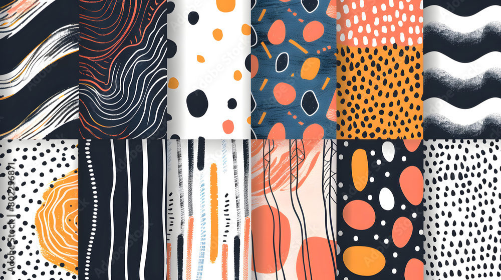 Poster abstract hand drawn geometric simple minimalistic seamless patterns set. polka dot, stripes, waves, 