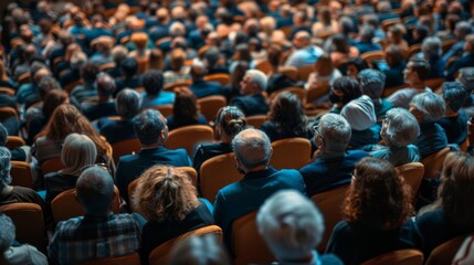Obraz premium A large crowd of people are sitting in a theater watching a performance.
