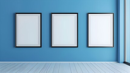 Three empty vertical black frame mockup design on a blue wall room, 3d render of grey interior with canvas on the wall 